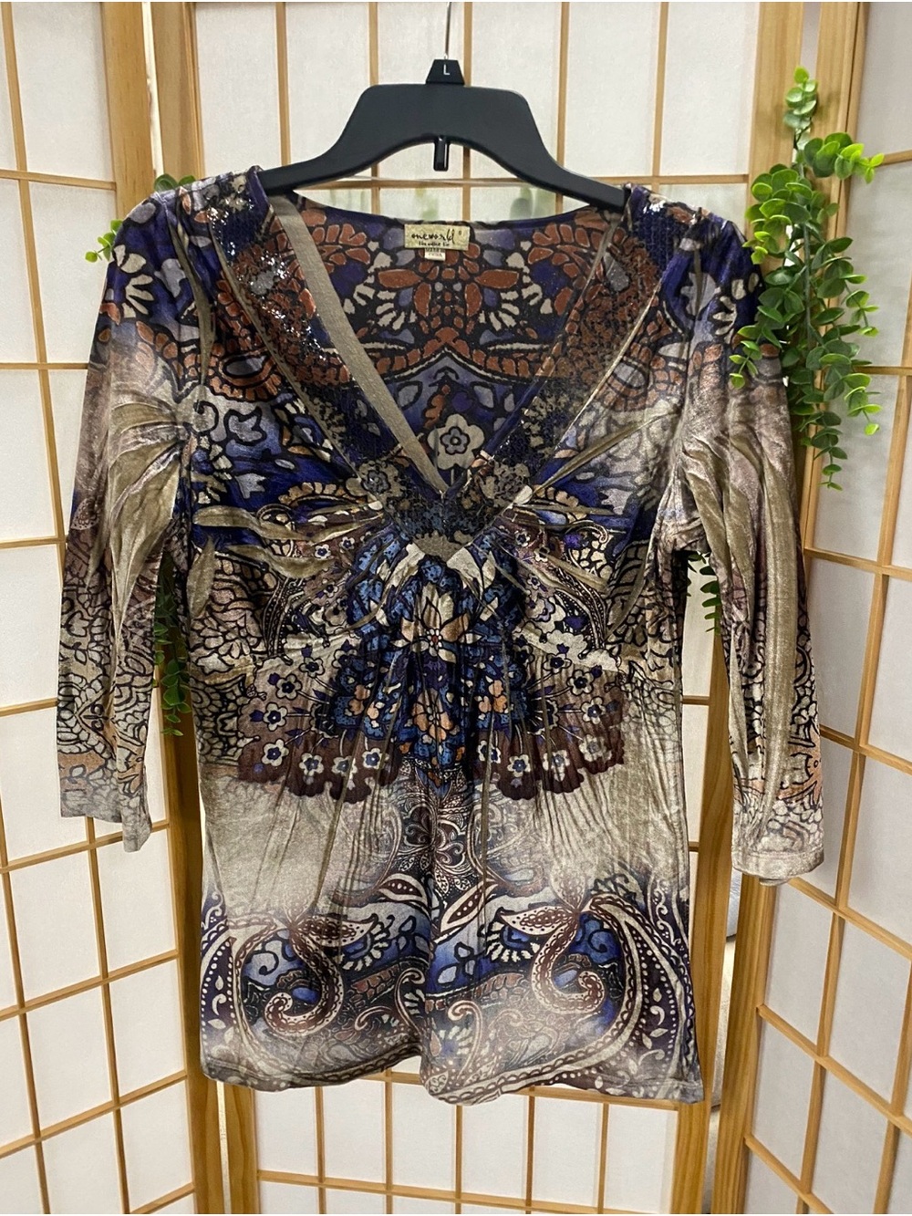 ONE WORLD V-Neck Printed Tunic in Blue and Brown